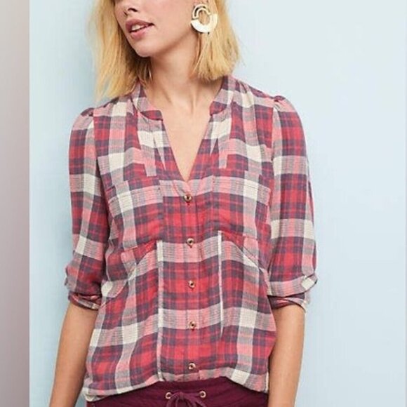 Anthropologie Medford Red and Grey plaid flannel tunic shirt size 6 - Picture 4 of 11
